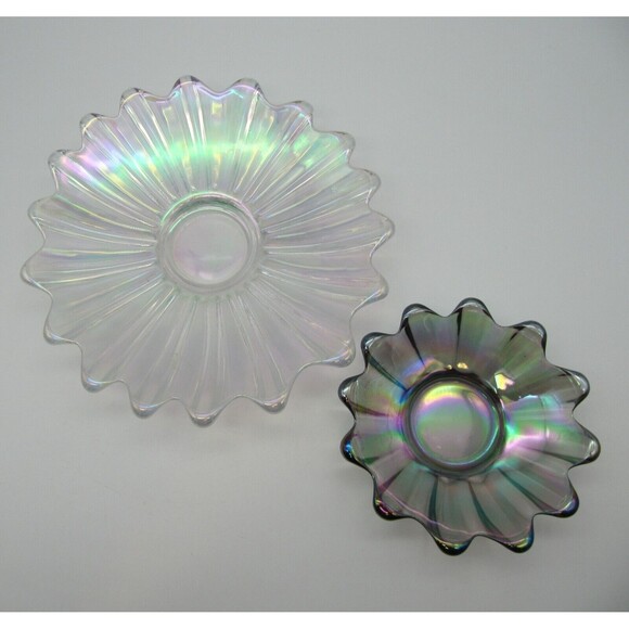 Two Vtg MCM Iridescent Celestial Carnival Trinket Dish Flower Art Glass - Picture 3 of 11